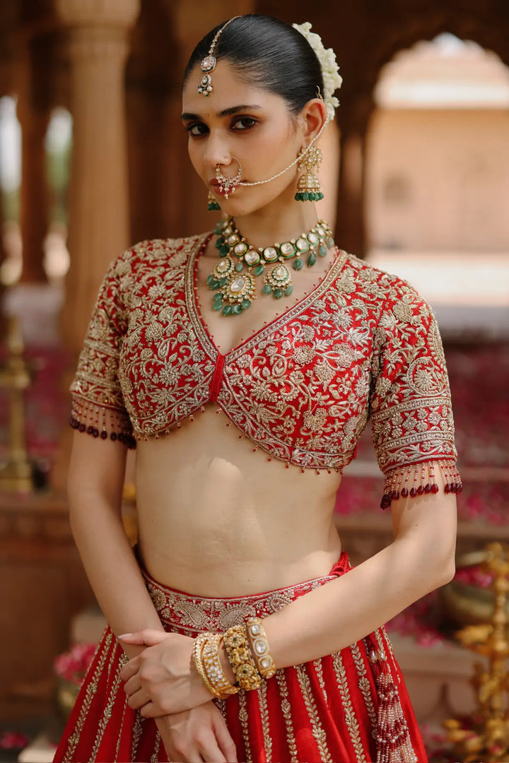 Roha - Deep Red Lehenga Set with Blouse & Dupatta
