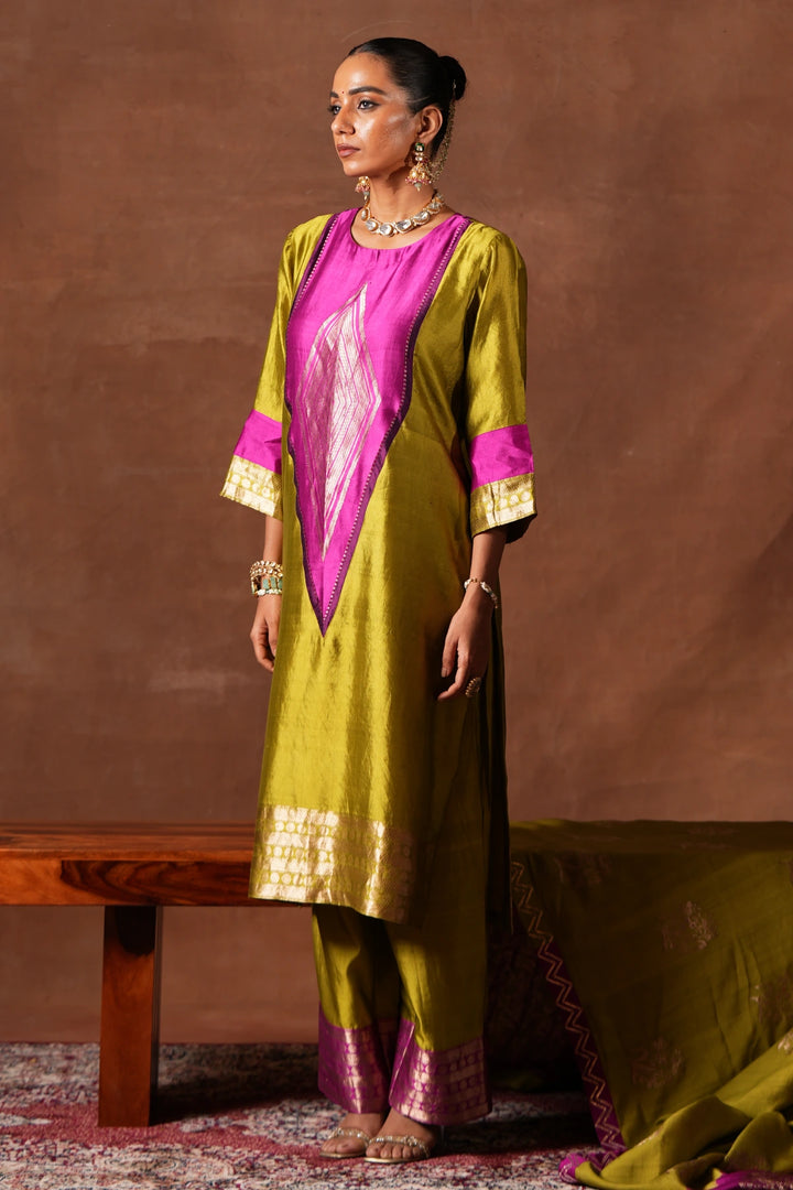 The Lime Green Panelled Kurta Set