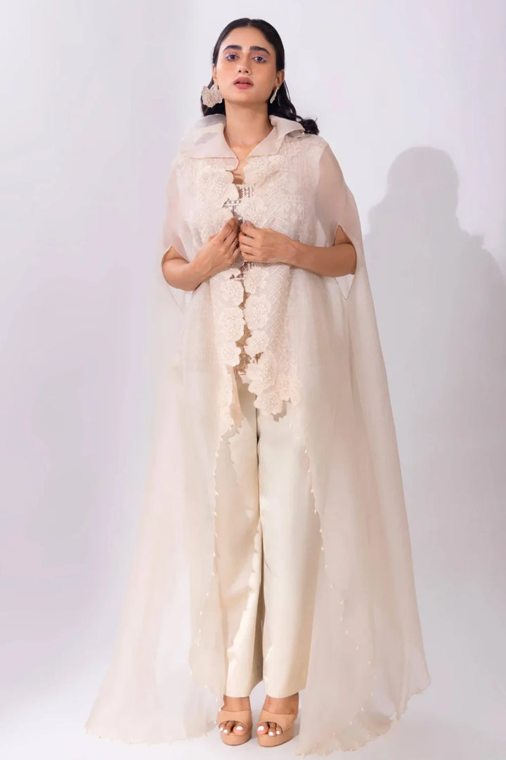 White Organza WaveBorne Cape with Top and Pant