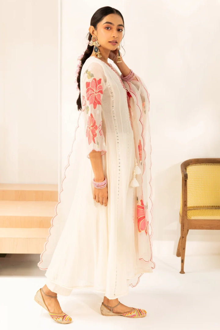 Zoya Mul Chanderi Anarkali Set in Off-White