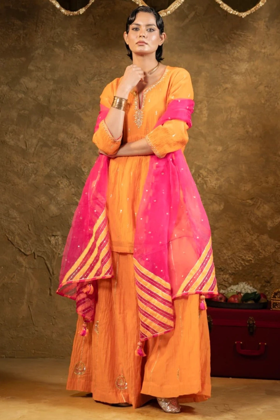 Orange High Slit Sharara Set