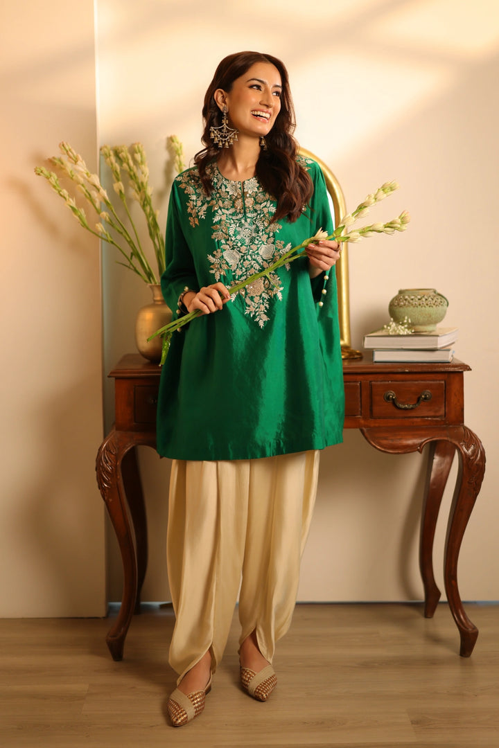 Juhi Boxy Top - Dhoti Pants Set Bottle Green