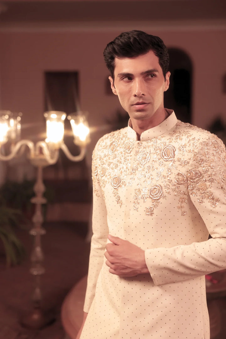 Ivory Pure & Premium Georgette Mukaish & Zardozi Sherwani