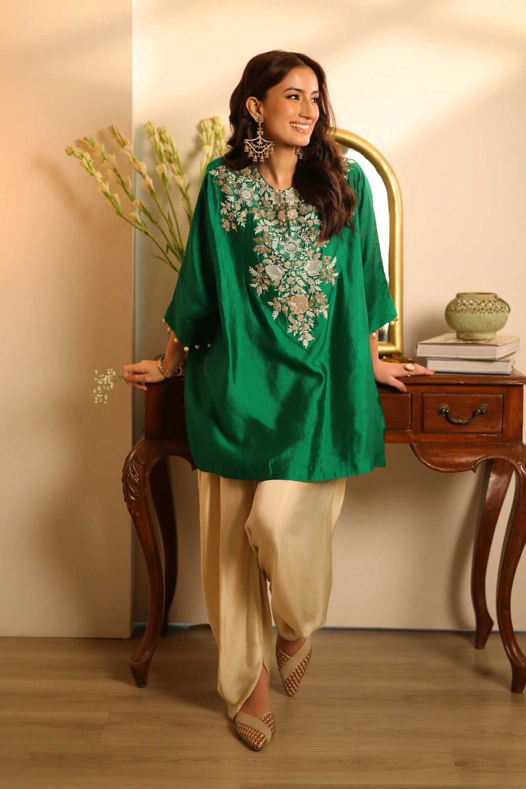 Juhi Boxy Top - Dhoti Pants Set Bottle Green
