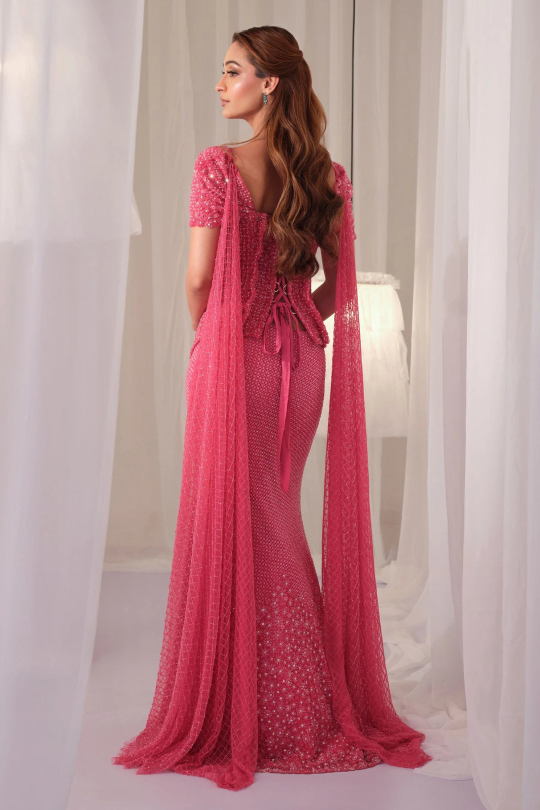 Barbie Pink Hand Embellished Corset With Fishcut Lehenga