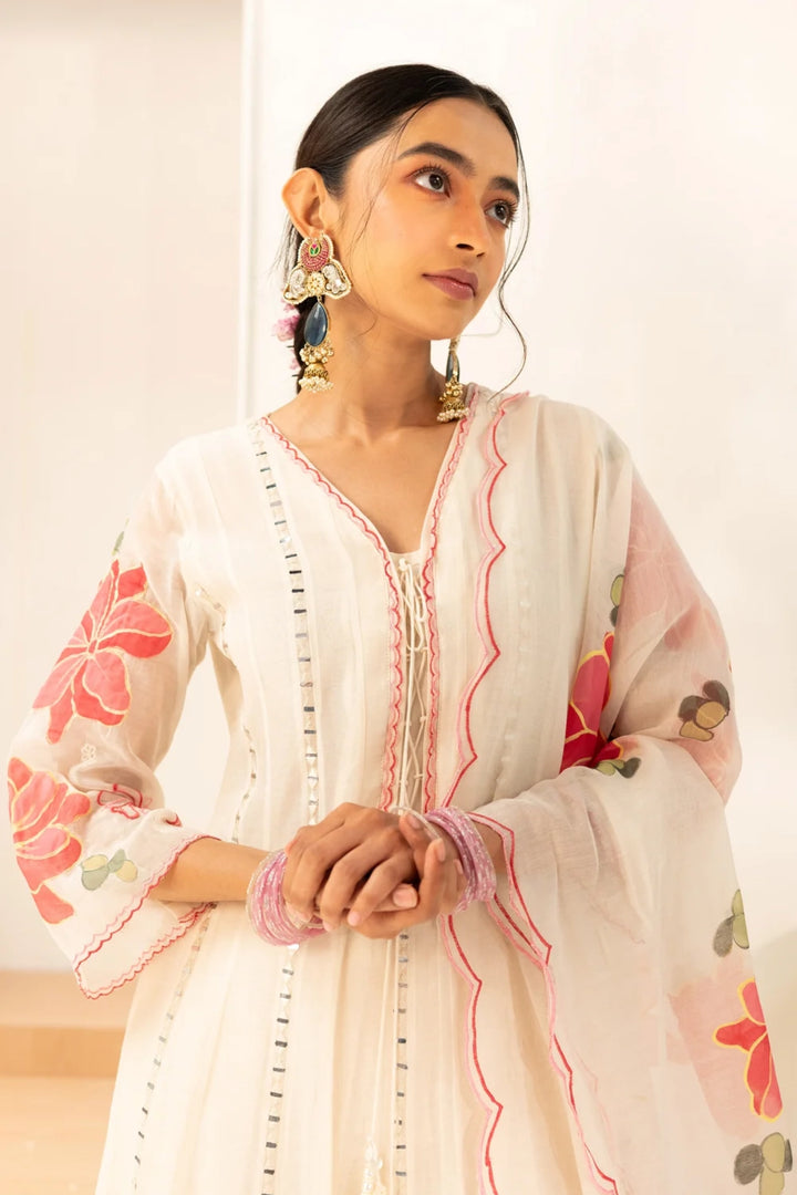 Zoya Mul Chanderi Anarkali Set in Off-White