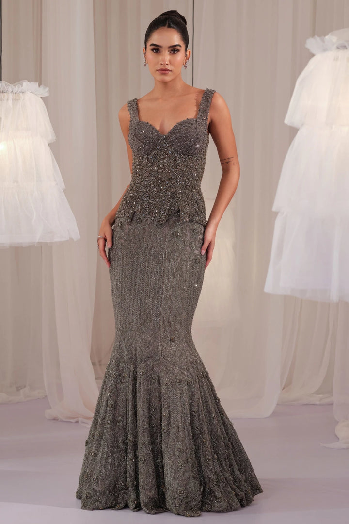 Stardust Grey Crystal Corset With Fishcut Lehenga