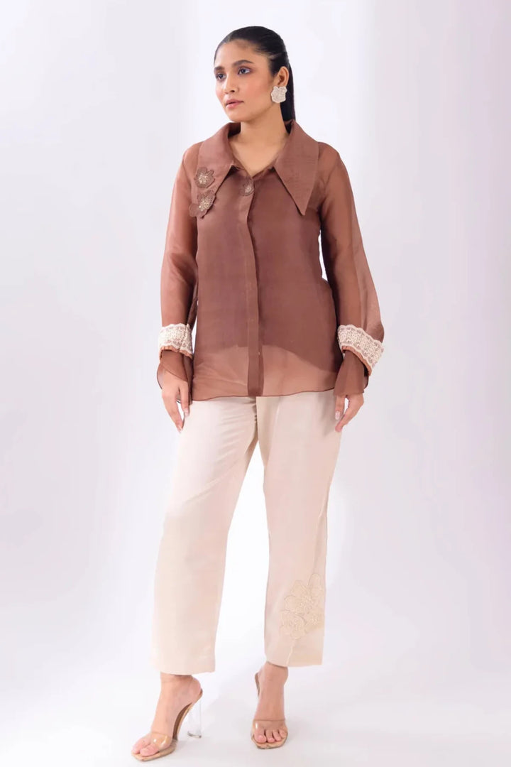 Brown Organza Long Collar Shirt