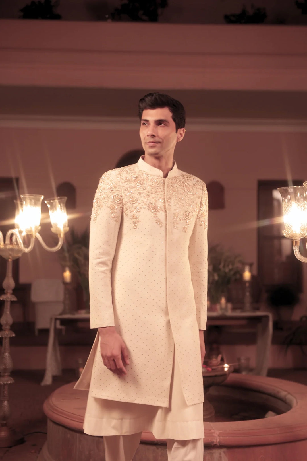 Ivory Pure & Premium Georgette Mukaish & Zardozi Sherwani