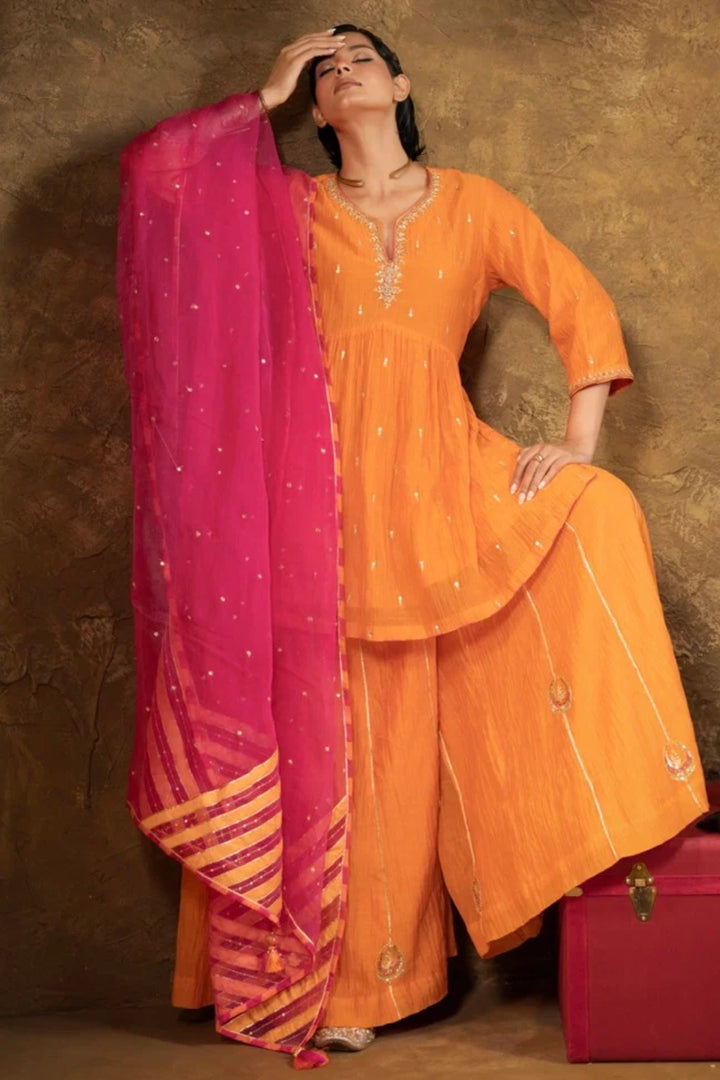 Orange High Slit Sharara Set