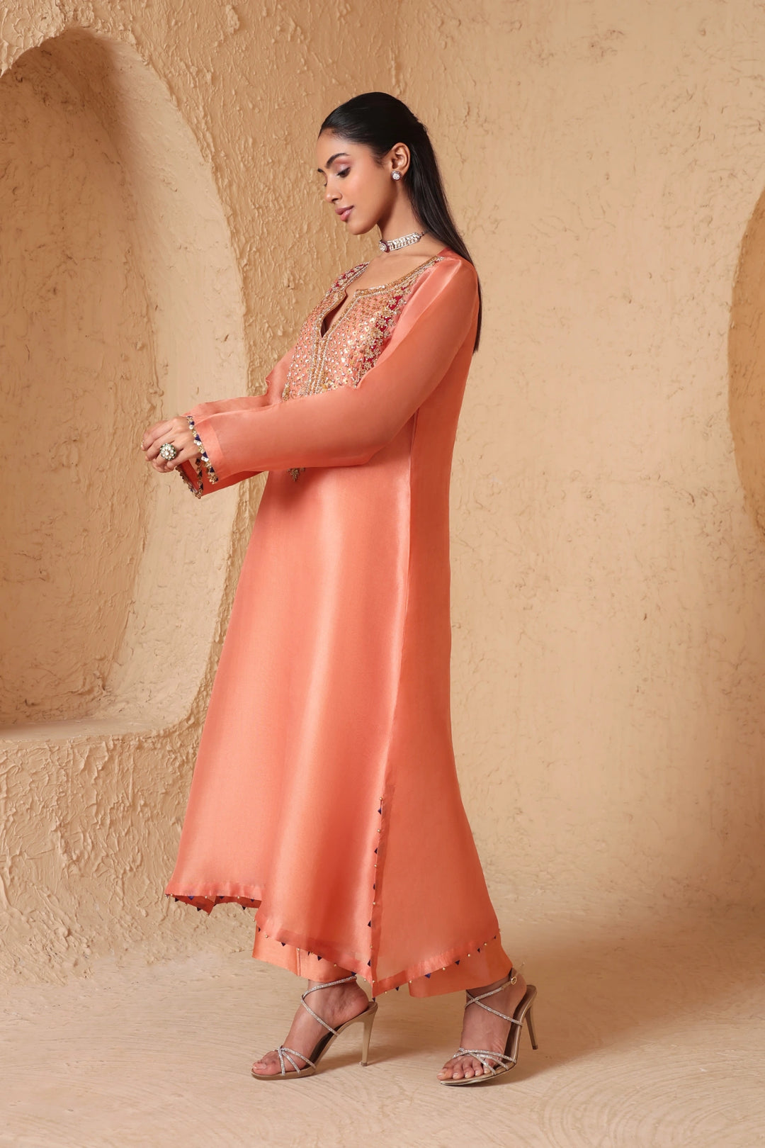 Mehrang Peach Heavy Neck Kurta Set