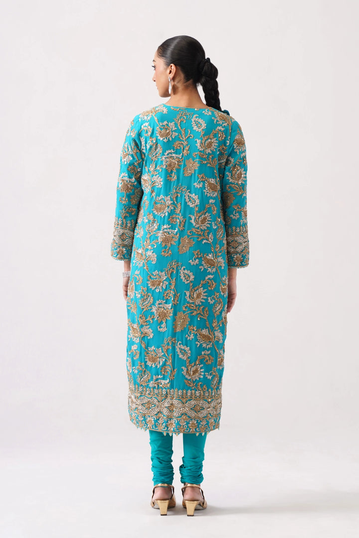 Zaar Bagh - Long Kurta Set - Teal Blue