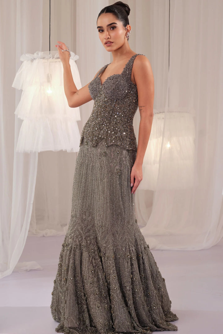 Stardust Grey Crystal Corset With Fishcut Lehenga