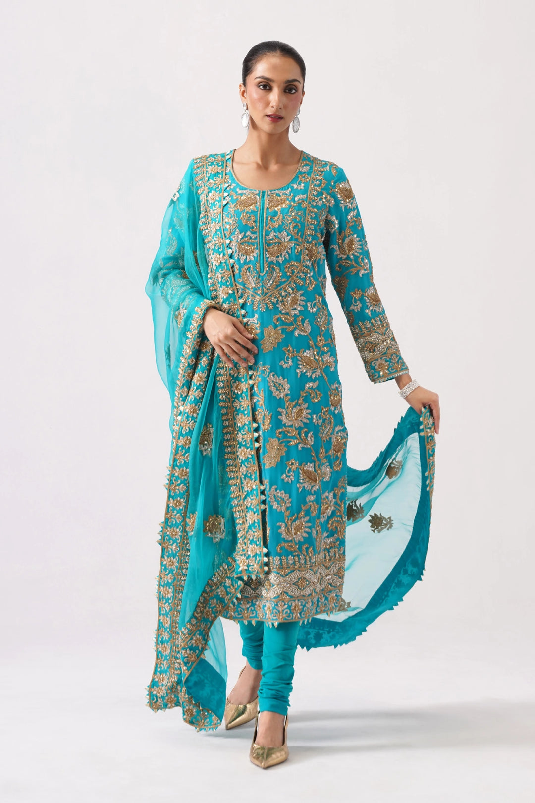 Zaar Bagh - Long Kurta Set - Teal Blue