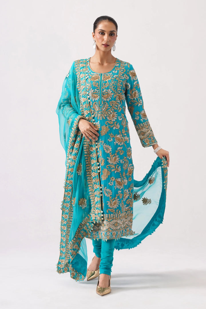 Zaar Bagh - Long Kurta Set - Teal Blue