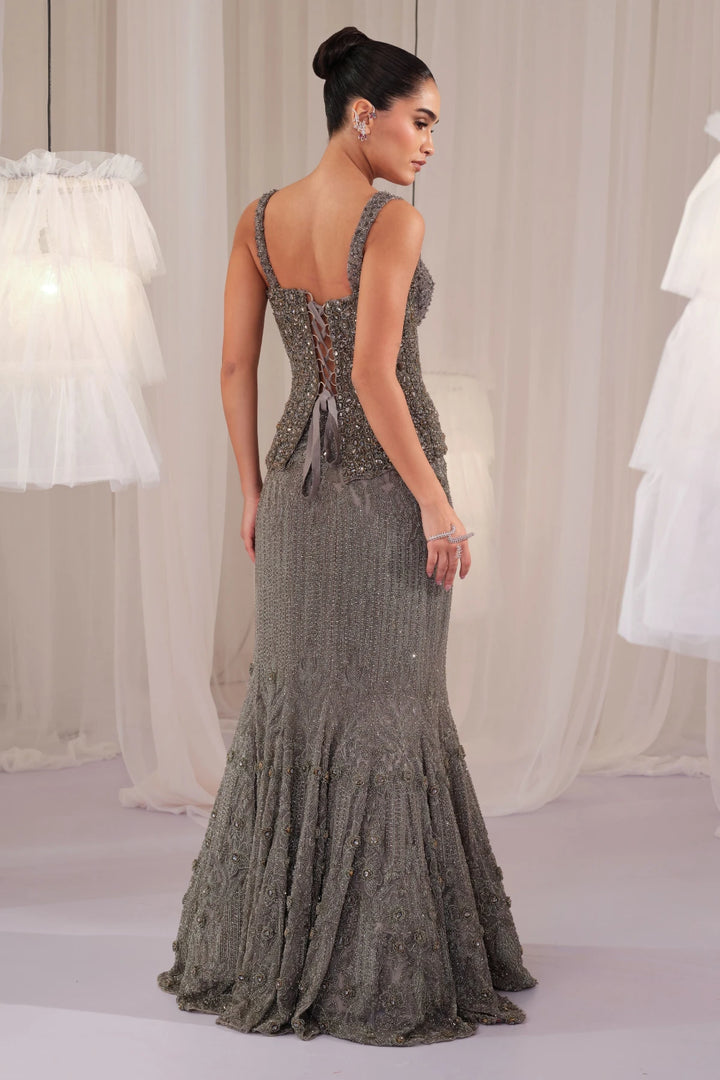 Stardust Grey Crystal Corset With Fishcut Lehenga