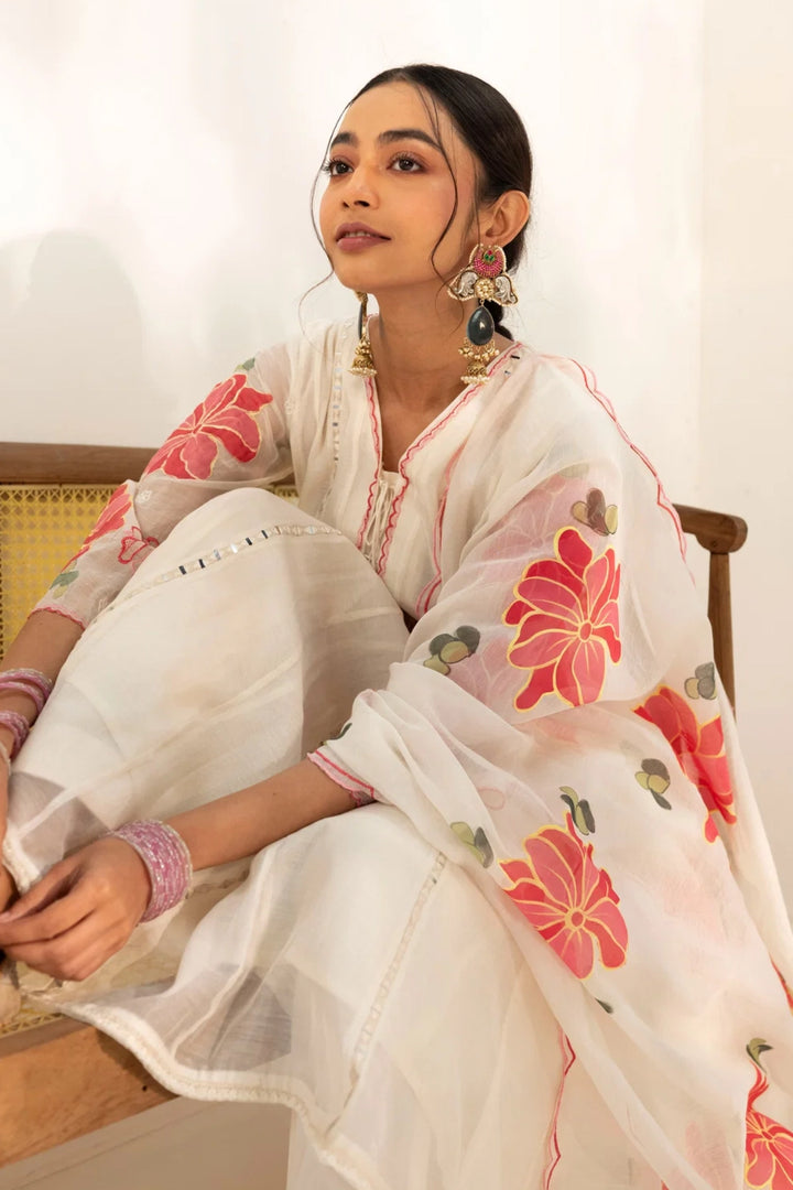 Zoya Mul Chanderi Anarkali Set in Off-White