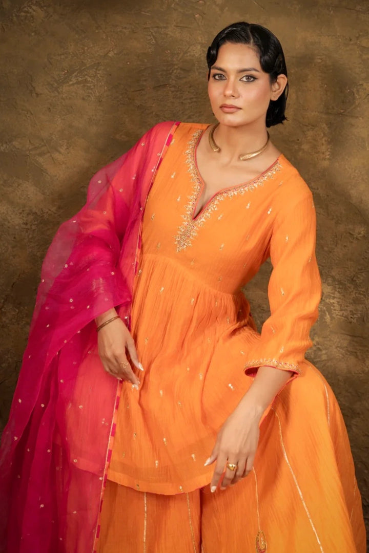 Orange High Slit Sharara Set
