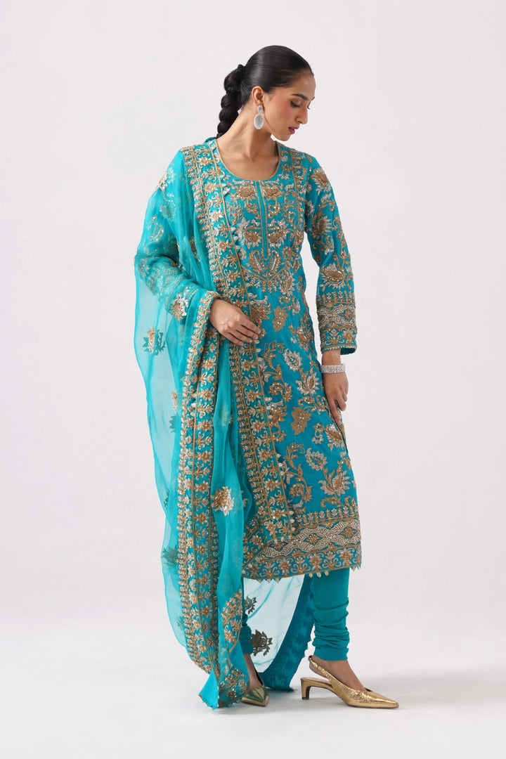Zaar Bagh - Long Kurta Set - Teal Blue