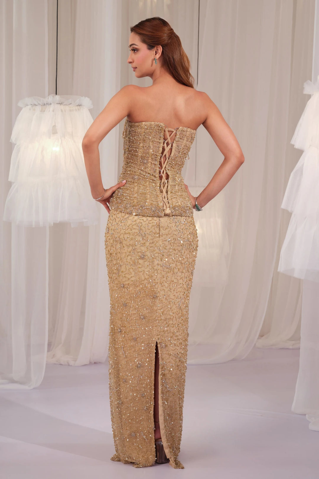 Golden Muse Hand Embellished Corset With Pencil Skirt