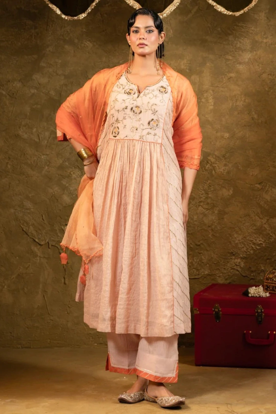 Beige Center Gathered A-line Kurta Set