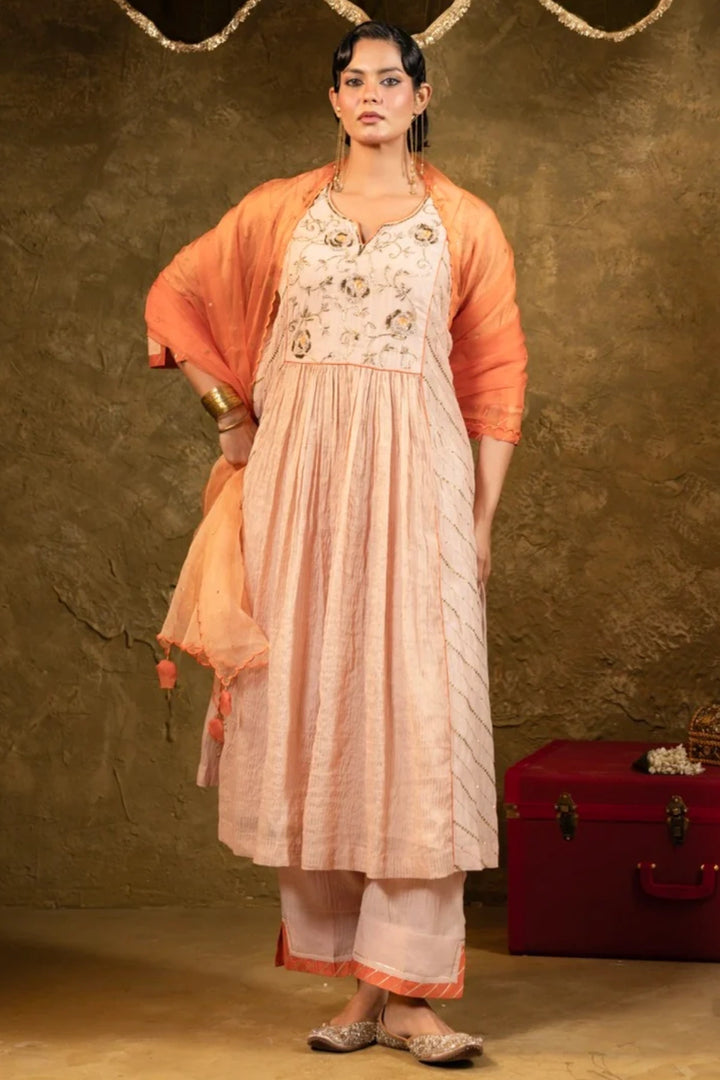 Beige Center Gathered A-line Kurta Set