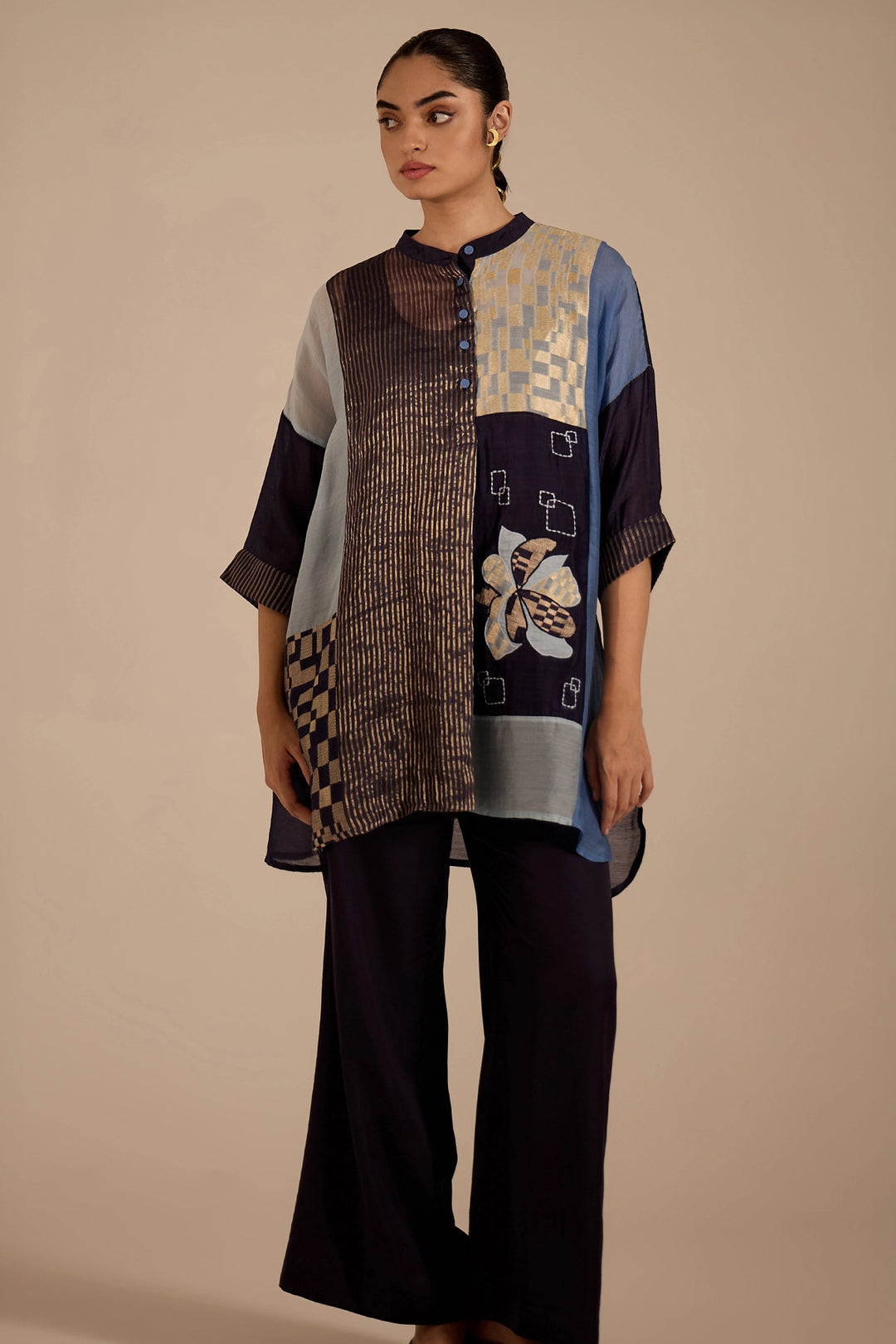 Blue Floral Applique Kimono Pant Set