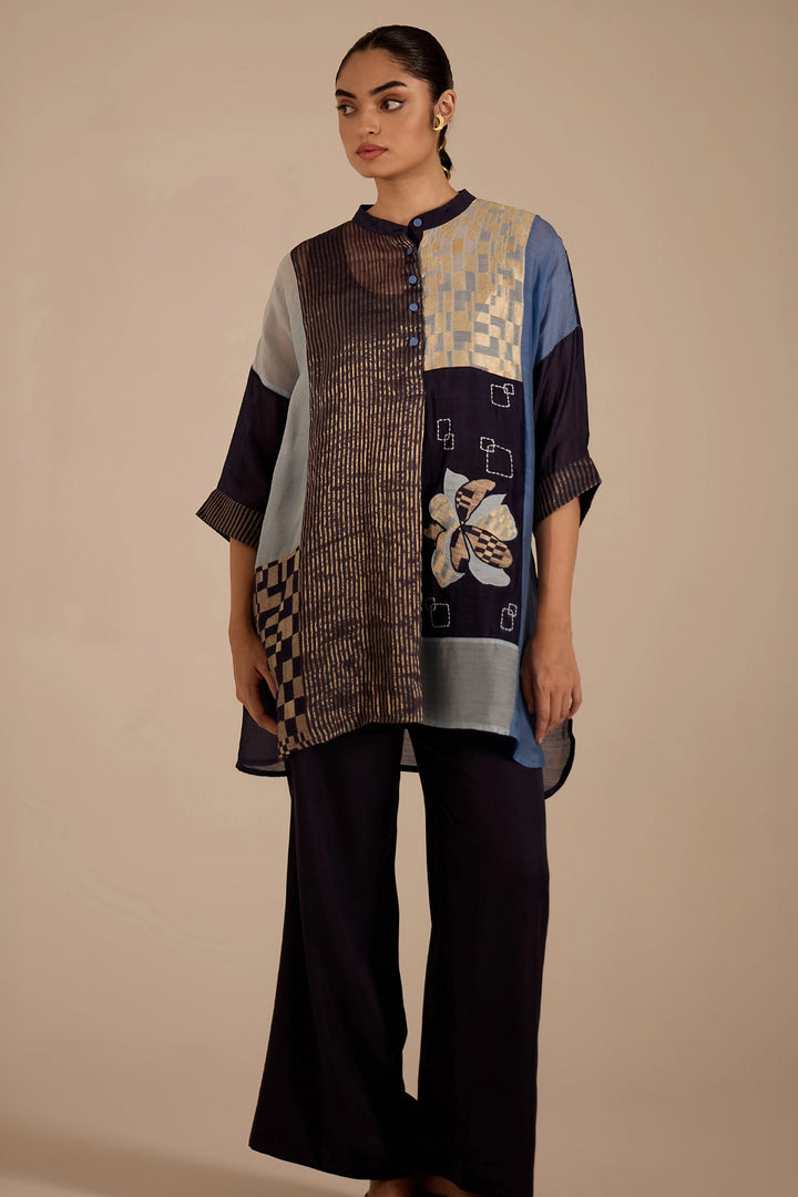 Blue Floral Applique Kimono Pant Set