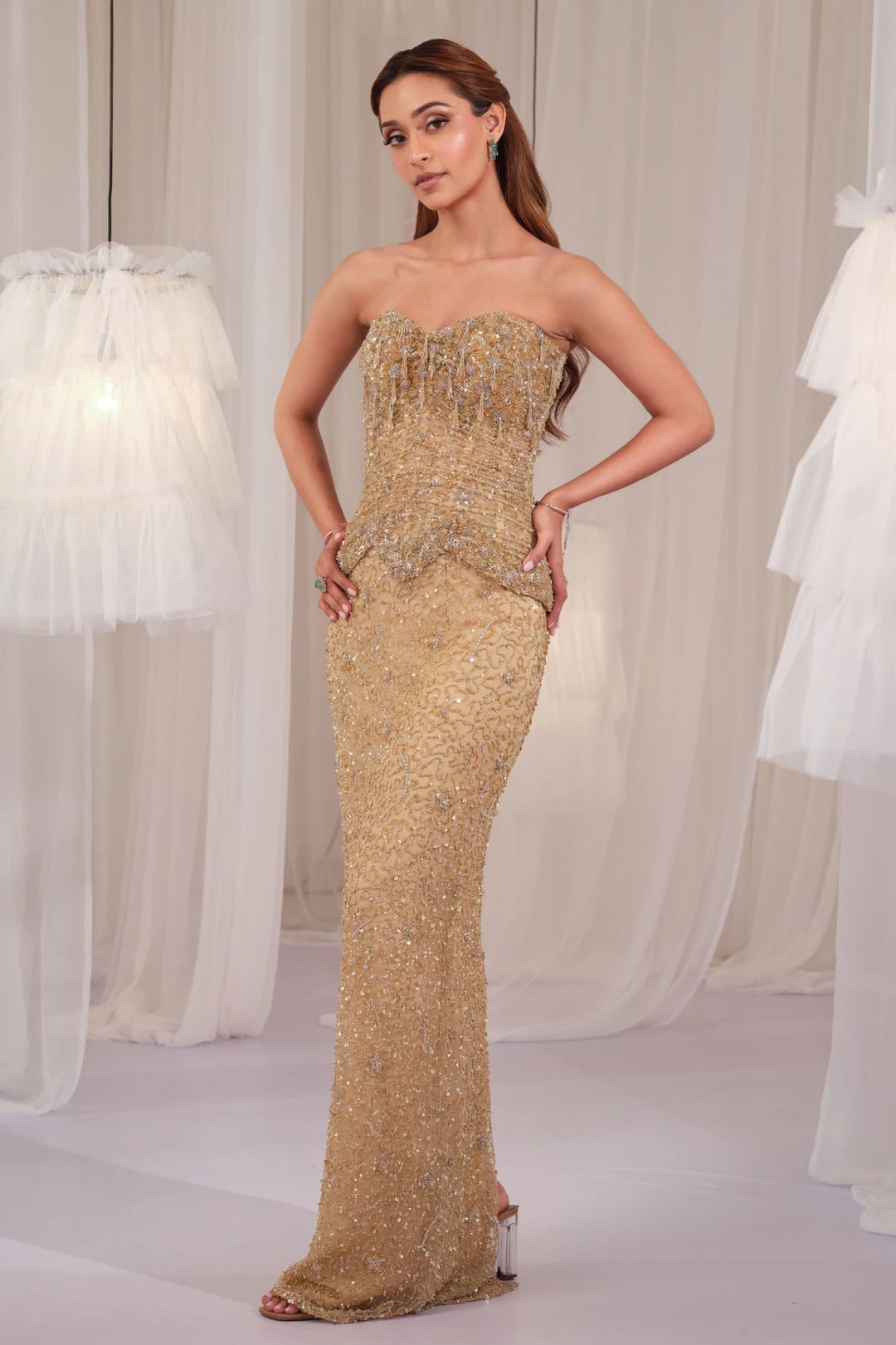Golden Muse Hand Embellished Corset With Pencil Skirt