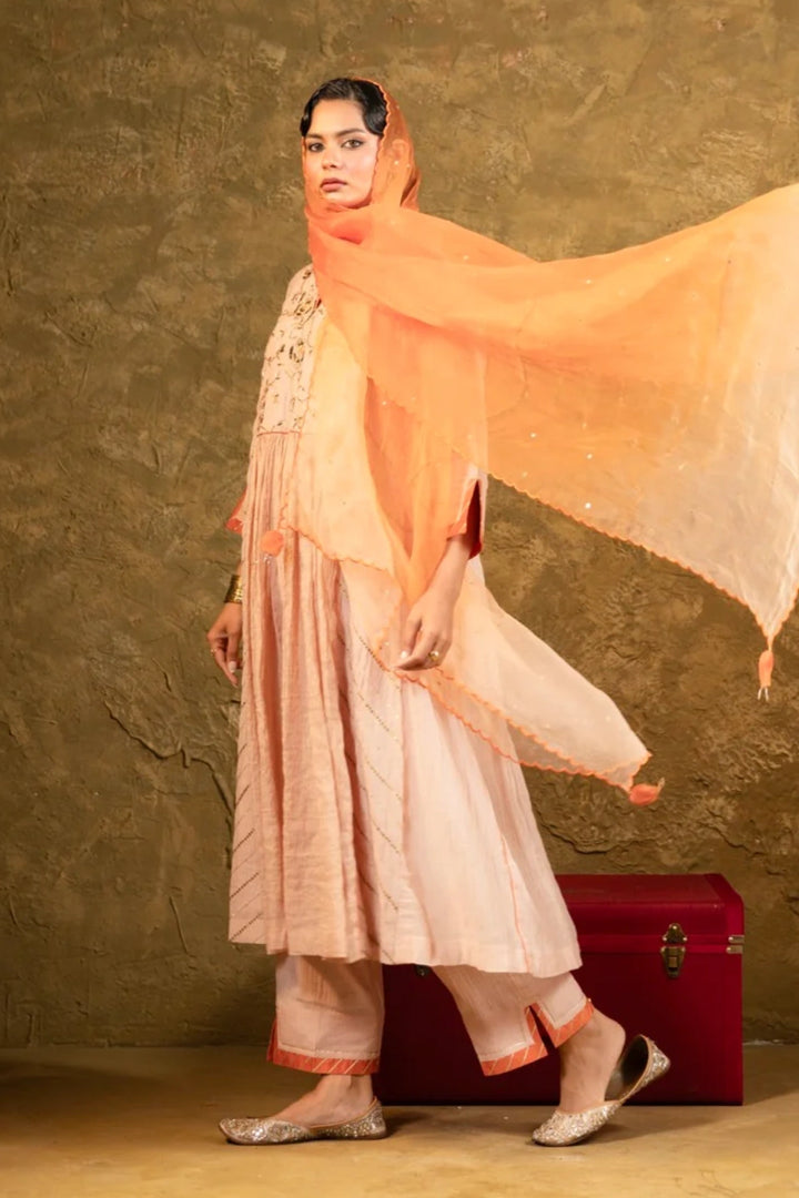 Beige Center Gathered A-line Kurta Set