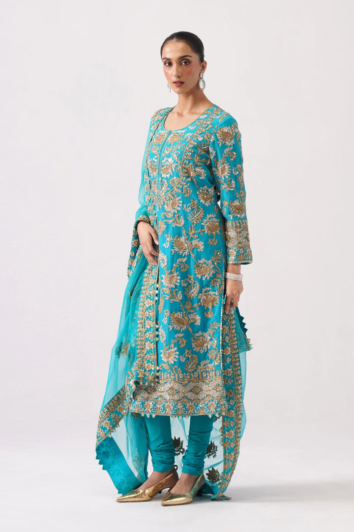 Zaar Bagh - Long Kurta Set - Teal Blue