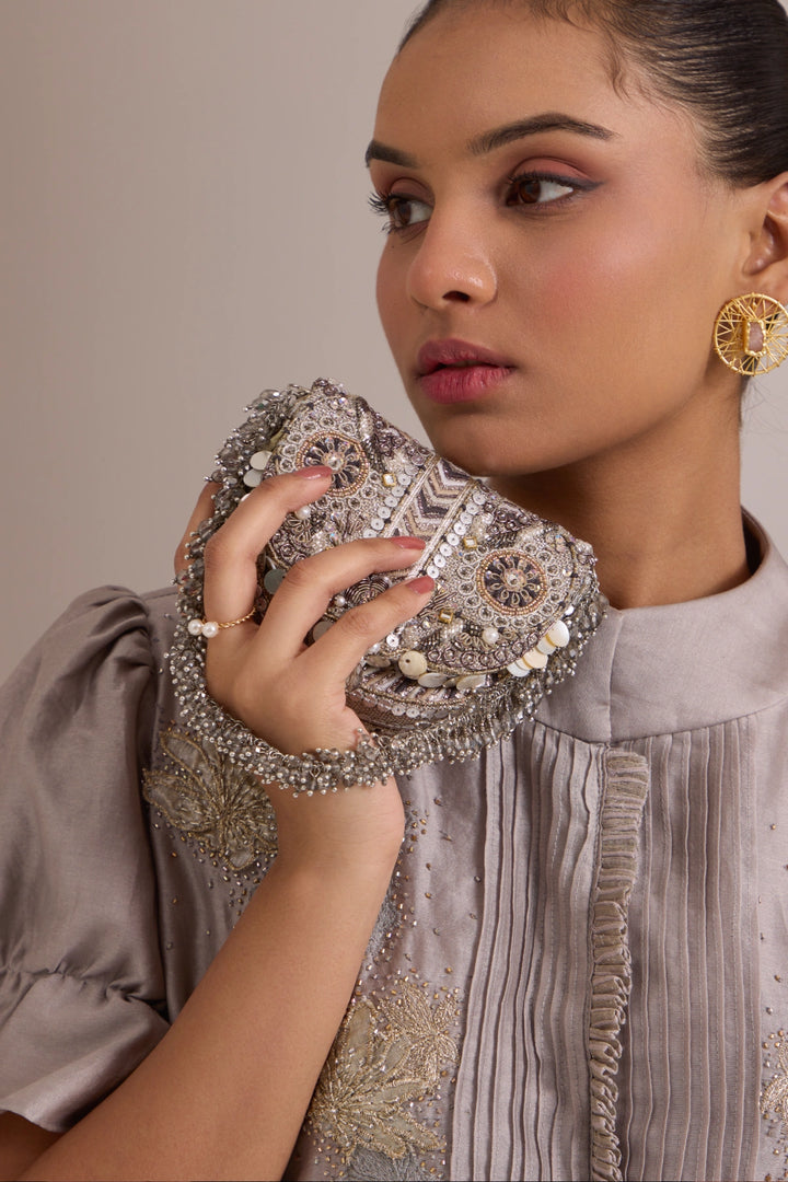 Rangrez Mini Flapover Clutch – Pewter Silver