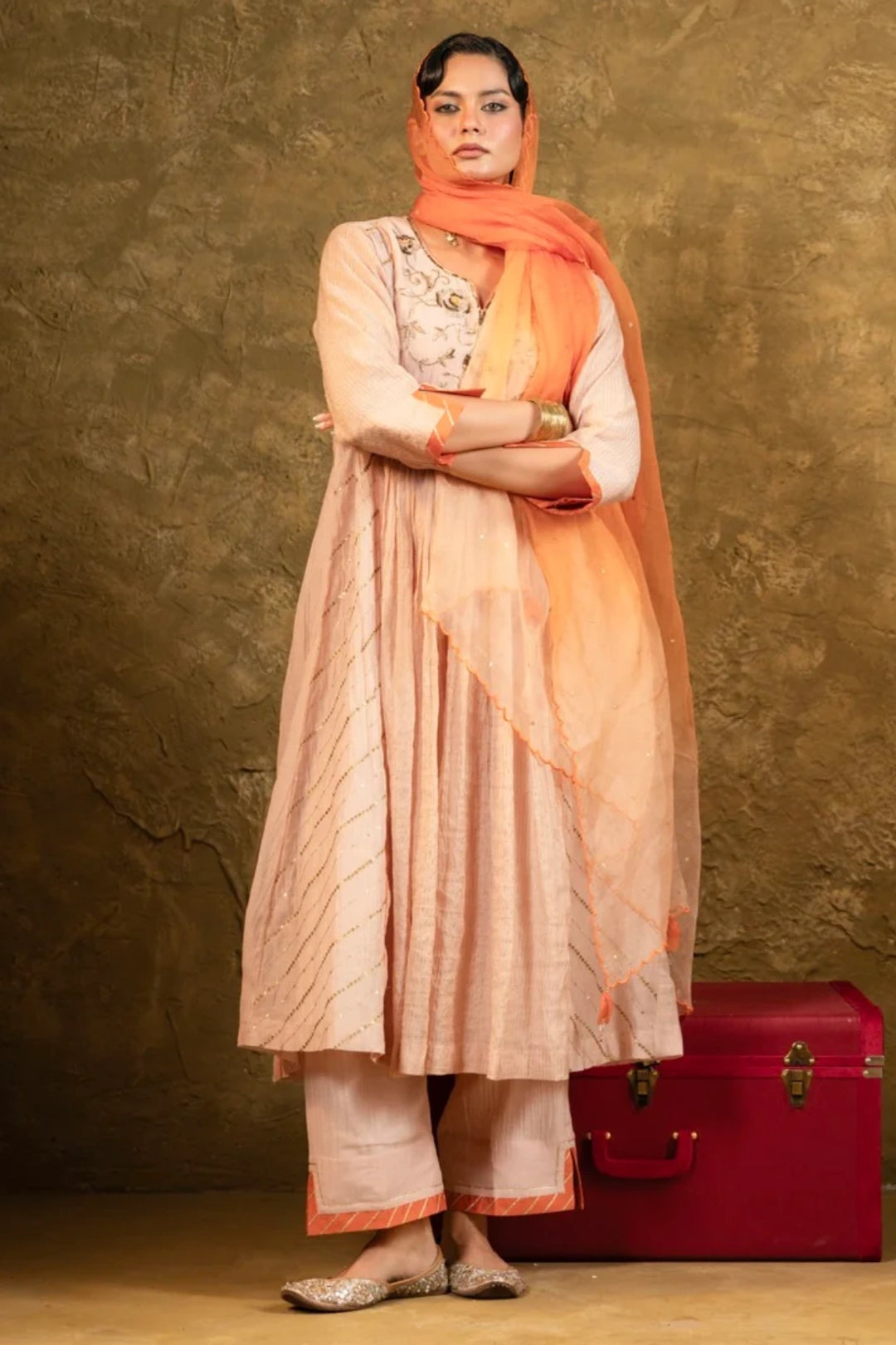 Beige Center Gathered A-line Kurta Set