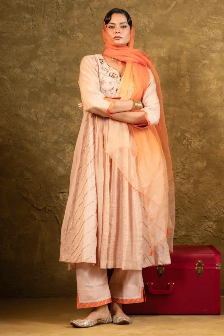 Beige Center Gathered A-line Kurta Set