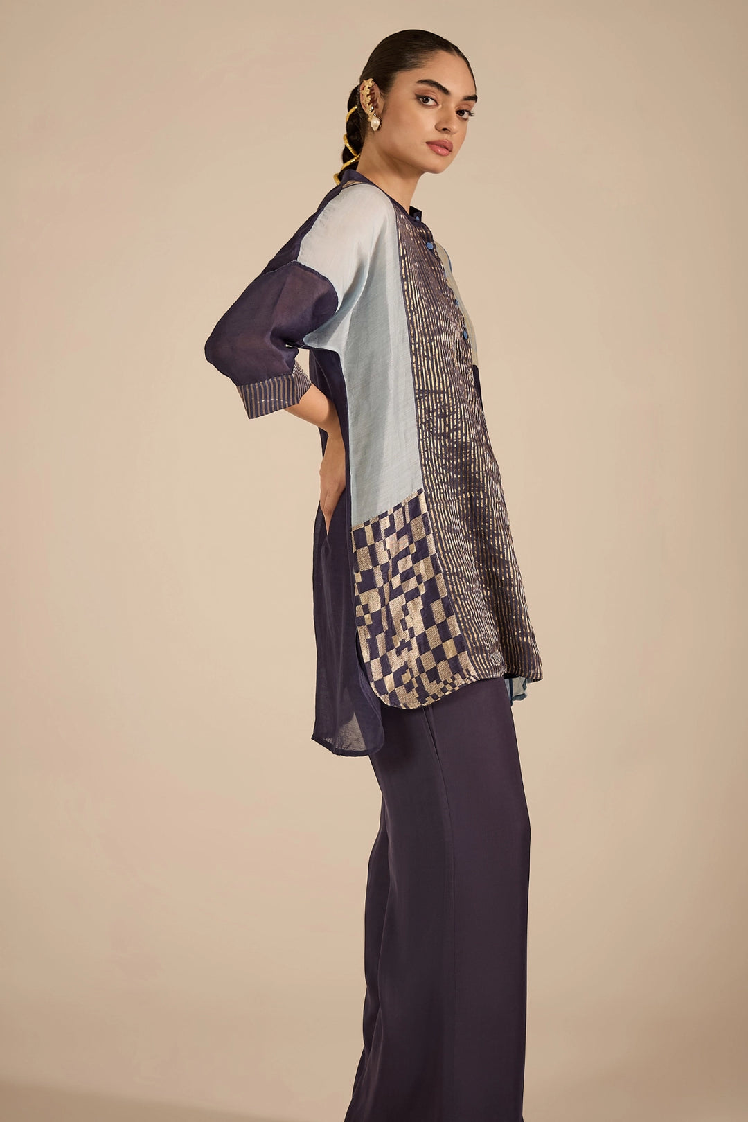 Blue Floral Applique Kimono Pant Set
