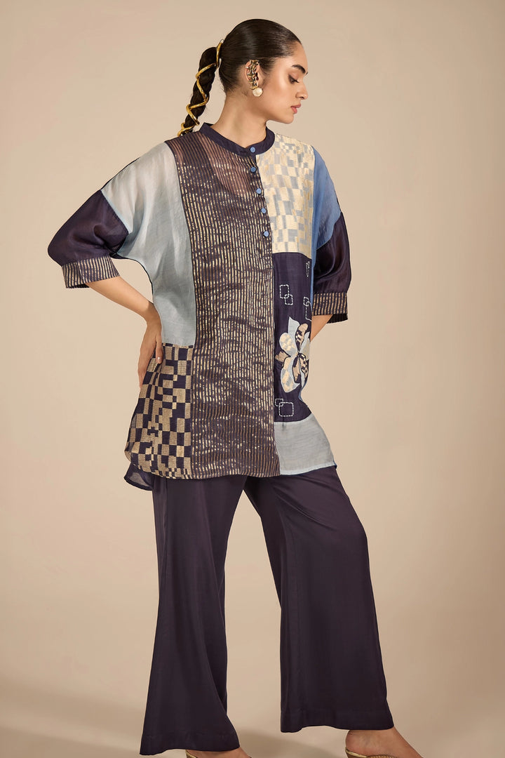 Blue Floral Applique Kimono Pant Set