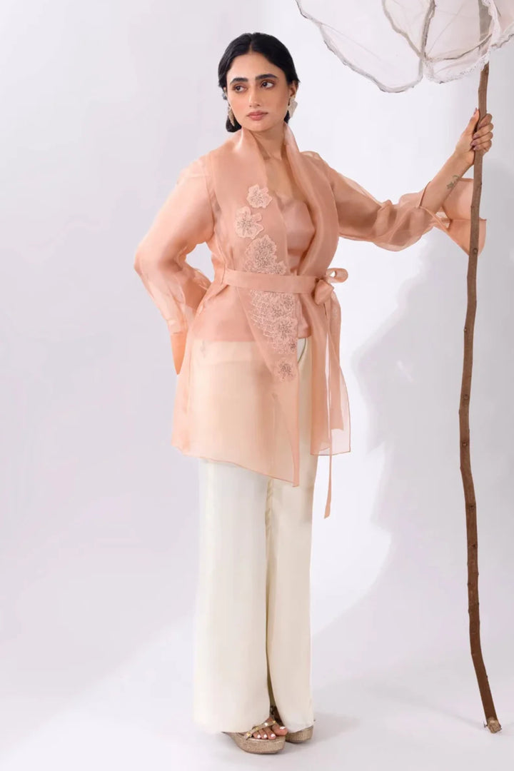 Peach Overlay Organza Jacket With Pant