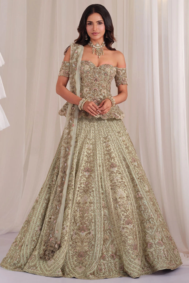Sage Green Hand Embellished Peplum Corset with Lehenga & Dupatta