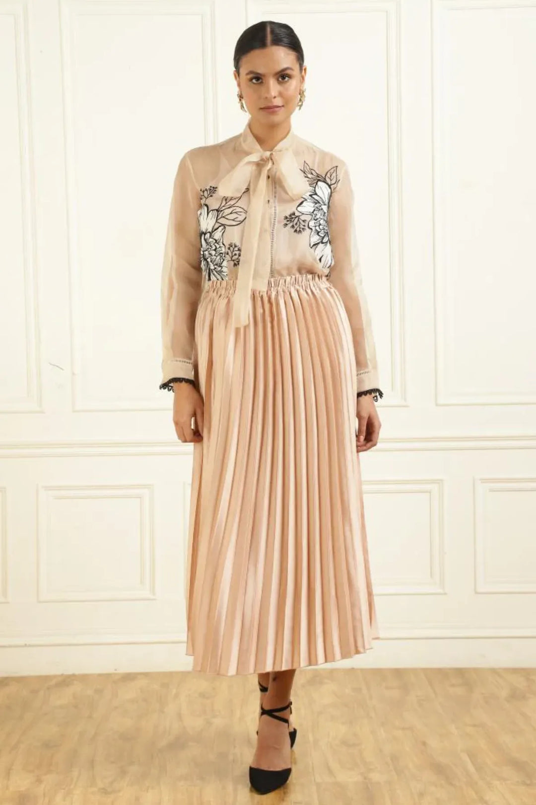 Women’s Sheer Organza Front Open Tie-Neck Champagne Shirt