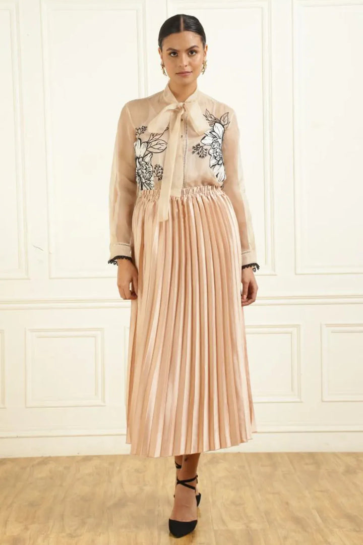 Women’s Sheer Organza Front Open Tie-Neck Champagne Shirt