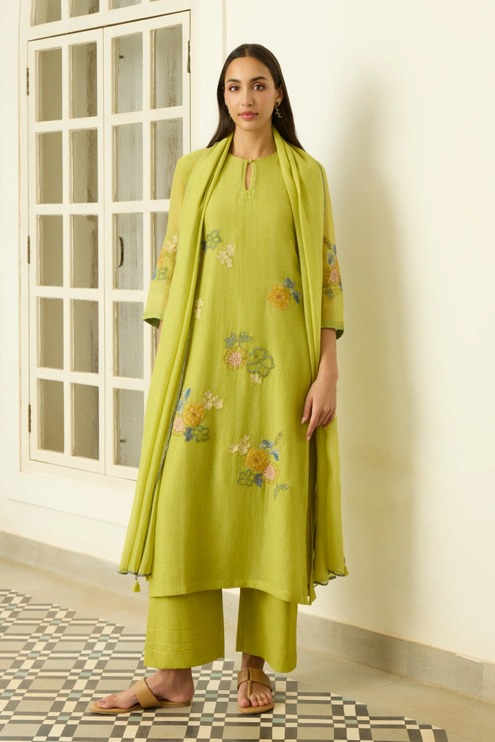 Lime Applique Floral Kurta Set