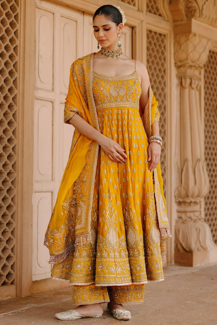 Afraa - Mustard Anarkali Set with Palazzo & Dupatta