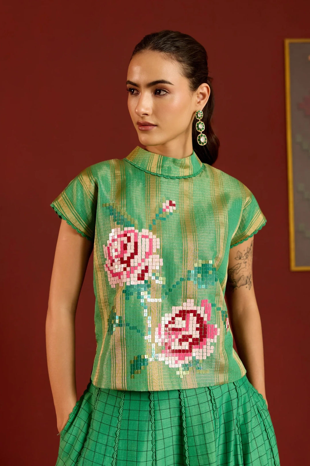 Green Zari Kota Crop Top + Skirt