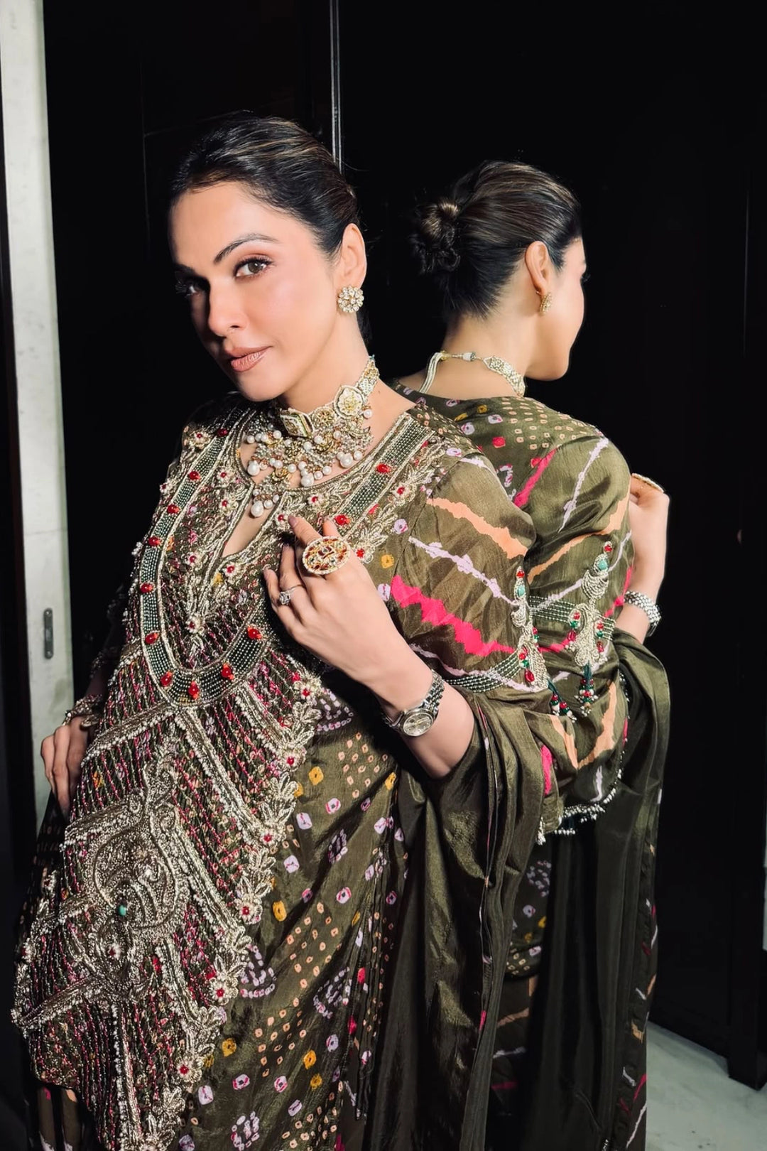 Isha Koppikar in Olive Aline Farshi Set