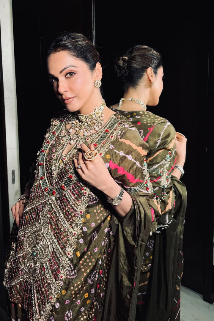 Isha Koppikar in Olive Aline Farshi Set