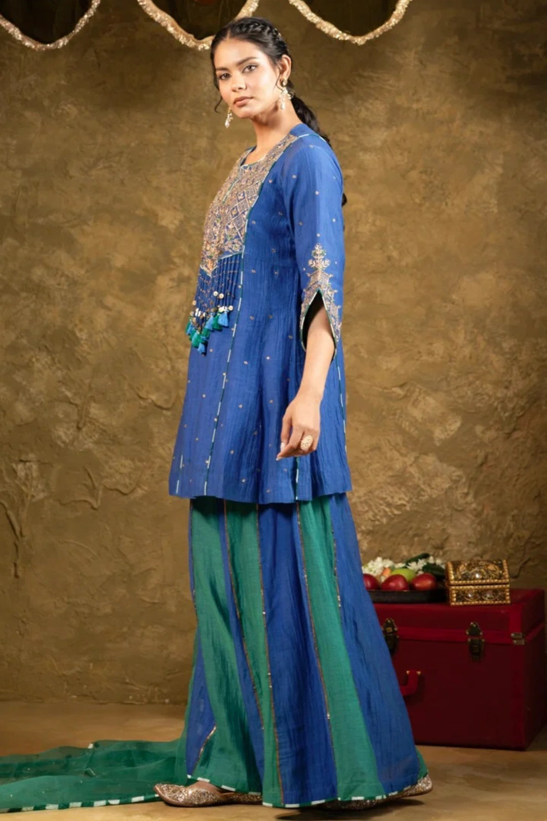 Antique Chowkadi Sharara Set - Blue + Green