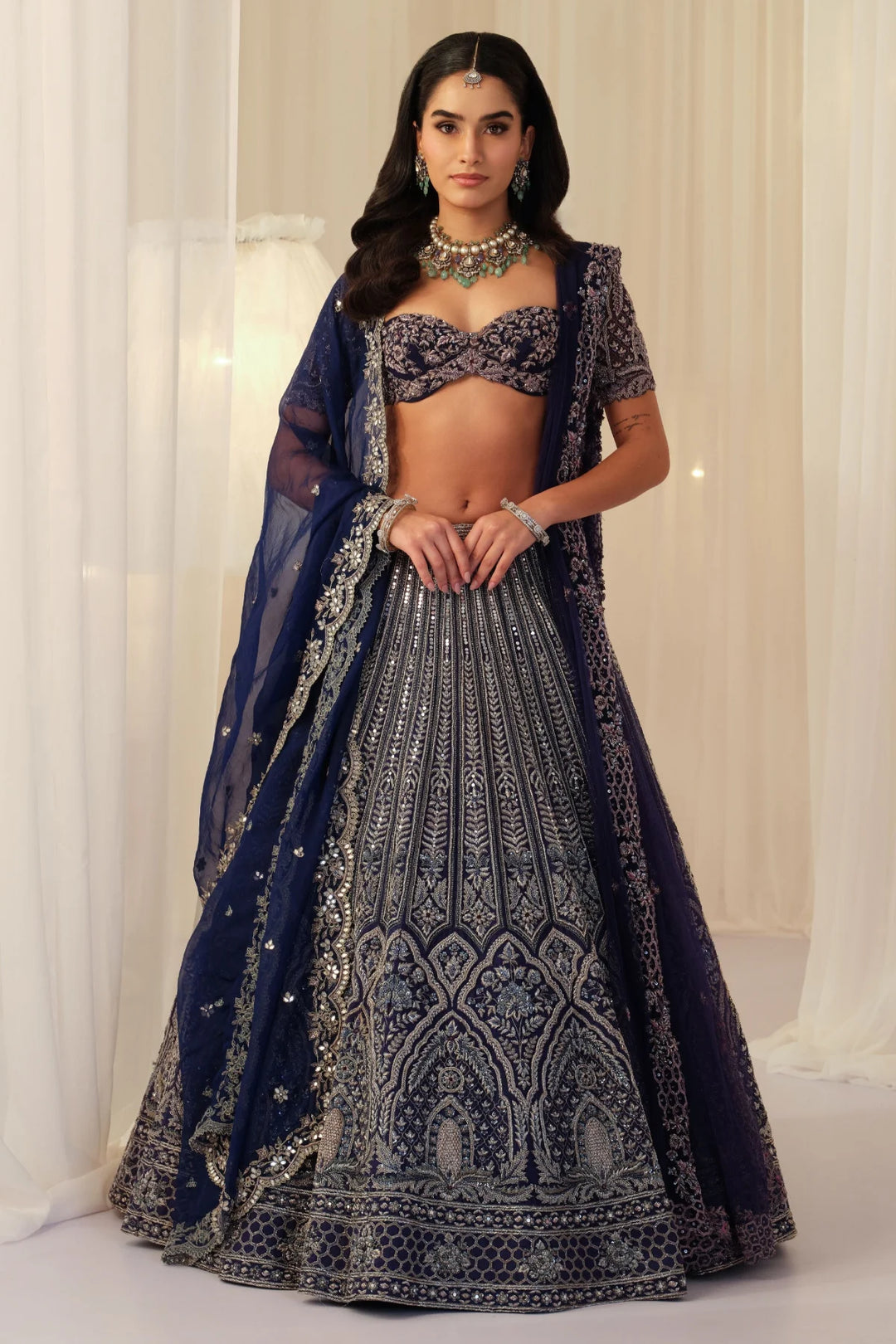 Indigo Hand Embellished Blouse With Raw Silk Lehenga & Dupatta
