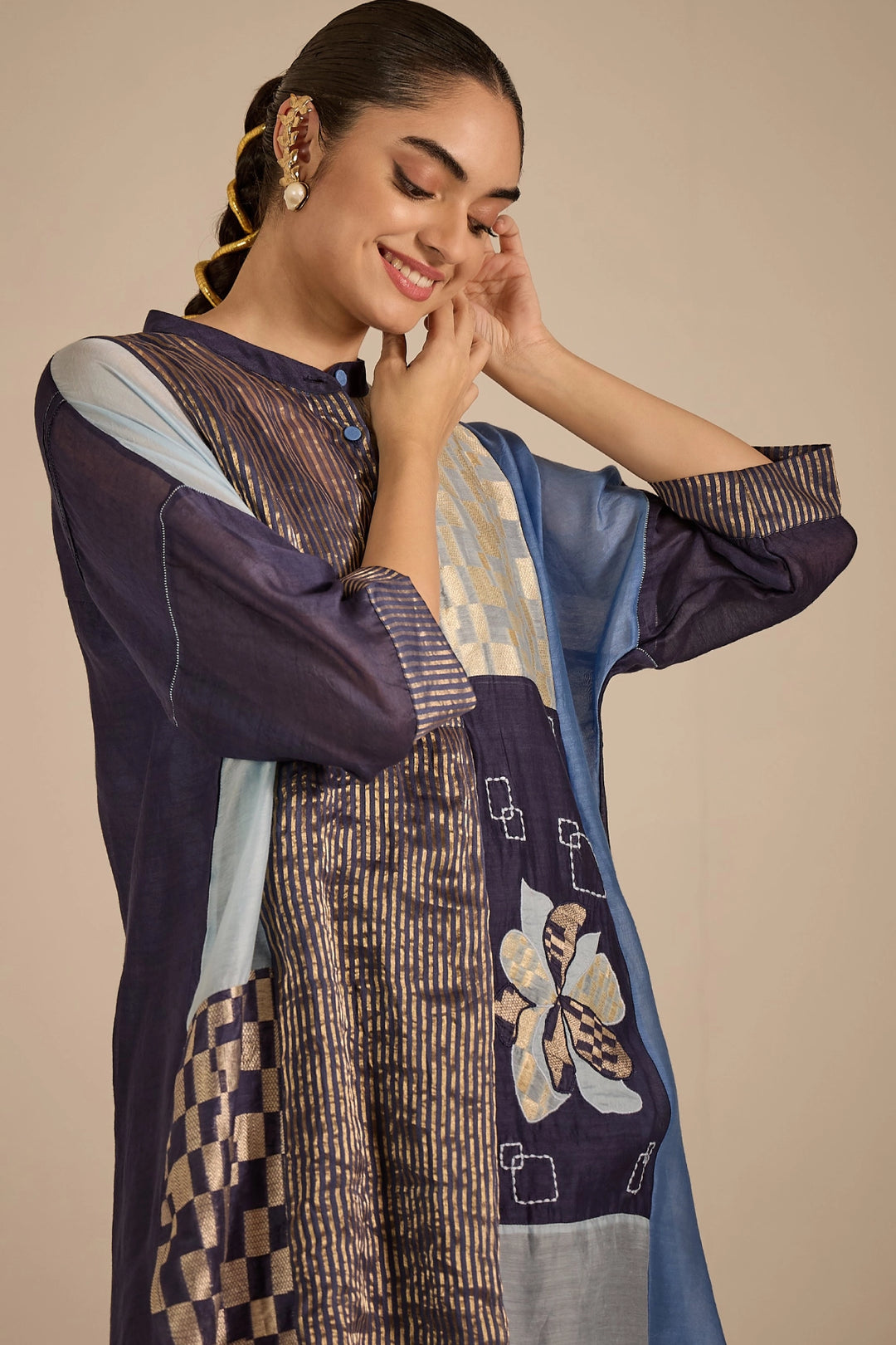 Blue Floral Applique Kimono Pant Set