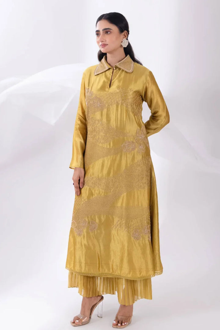Green A-Line Silk Kurta With Pant