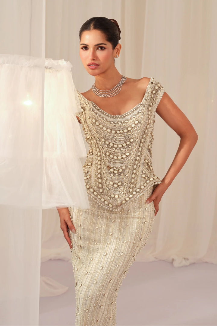 White Stone Crystal Corset with Beaded Pencil Skirt